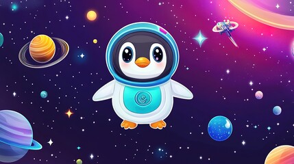 Fototapeta premium Adorable Cartoon-Style Penguin Wearing a Futuristic Astronaut Suit, Excitedly Floating in Space with a Tiny Rocket Ship in the Background, Surrounded by Colorful Planets, Glowing Stars, 