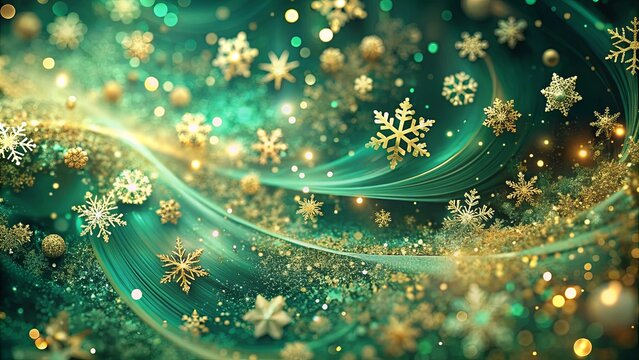 A shimmering emerald canvas adorned with delicate gold snowflakes, sparkling with festive light and a subtle swirl of magic. - Powered by Adobe