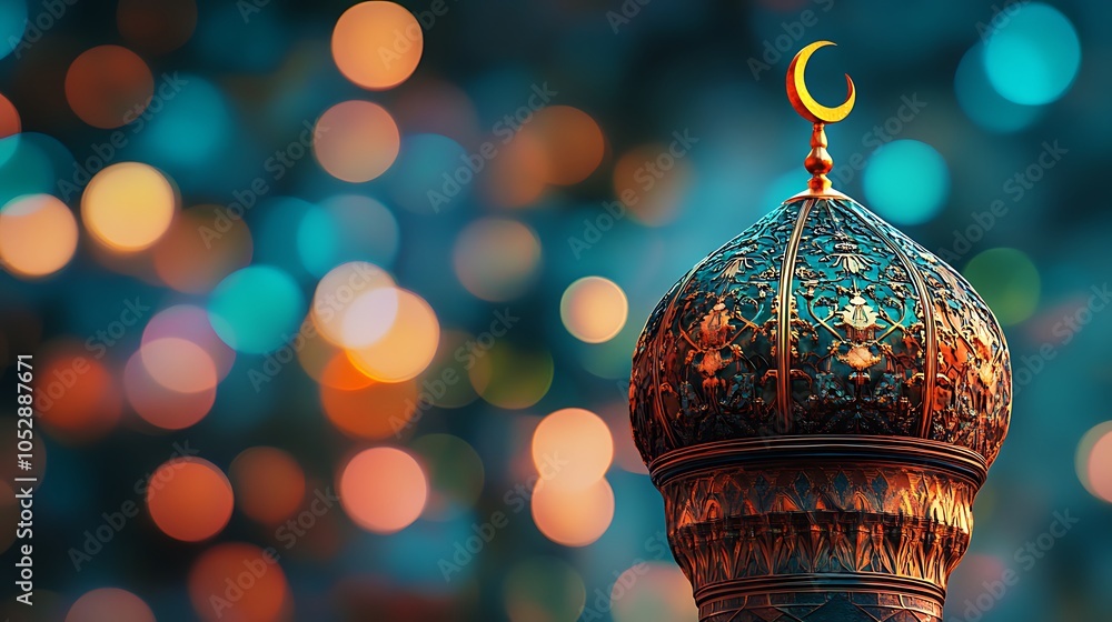 Poster high-resolution image of a mosque's minaret with a dramatic bokeh background