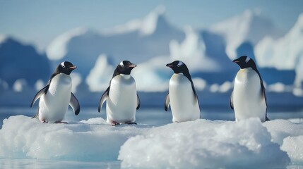 Fototapeta premium Antarctica Day Celebration with Penguins on Ice, Floating Icebergs Under Clear Sky, Perfect Minimalistic Background for Text and Branding, Showcasing the Beauty of the Antarctic Landscape