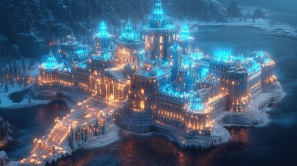 Fototapeta premium A majestic, snow-covered castle sits on a frozen lake, illuminated by warm and blue lights.