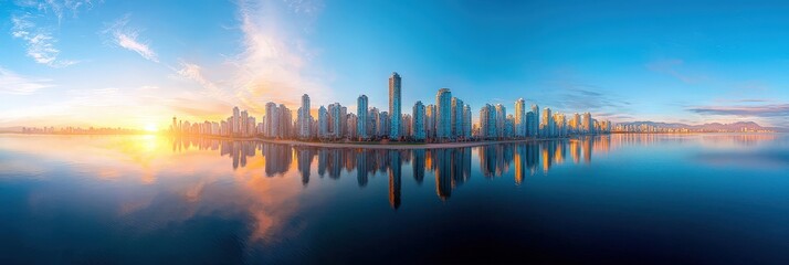 Obraz premium Waterfront city skyline reflection Panorama Realistic photograph