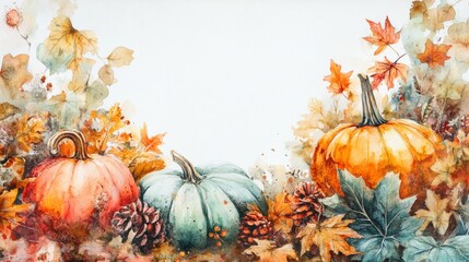 A vibrant autumn frame features colorful leaves, pumpkins, and pinecones, capturing the essence of fall in a watercolor illustration
