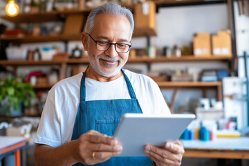 Fototapeta premium Elderly South Asian man learning woodworking in a studio, promoting lifelong learning and creativity