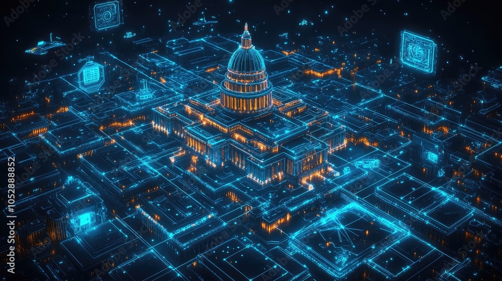 Poster a futuristic digital rendering of the us capitol building, connected by a network of glowing lines a
