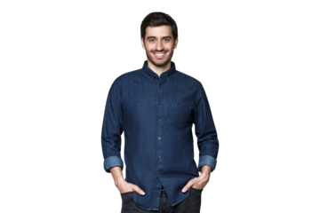 Young smiling man, dressed in casual denim shirt, his hands in pockets