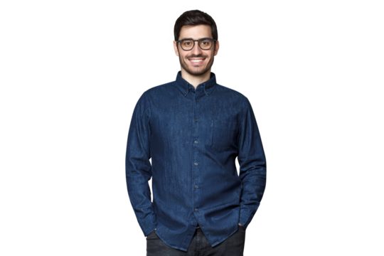 Young smiling man wering glasses and denim shirt, standing with hands in pockets