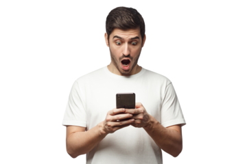 Portrait of young man impressed by media content from web on display of the phone. Shock content concept