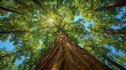Looking Up at Tall Trees in a Forest