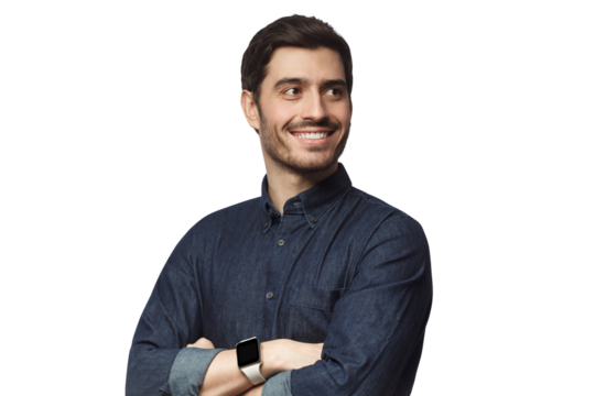 Young handsome businessman dressed in casual denim shirt with smartwatch on wrist