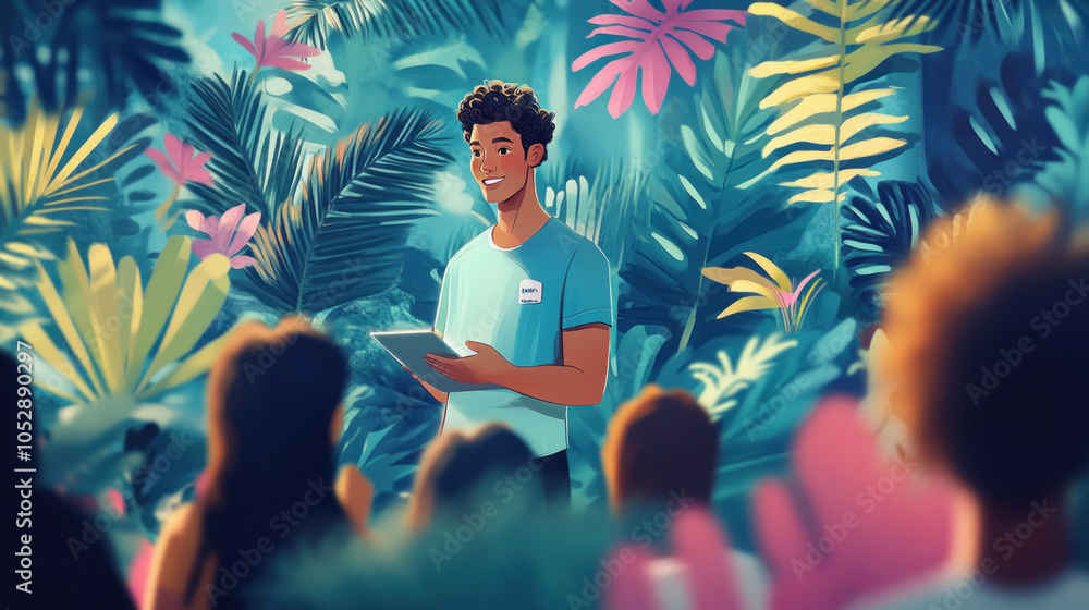 Poster a man is standing in front of a group of people, holding a tablet. the people are looking at him, an
