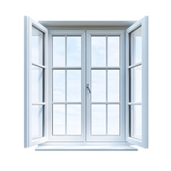 A white window with a view of the sky and clouds. The window is open and the panes are divided.