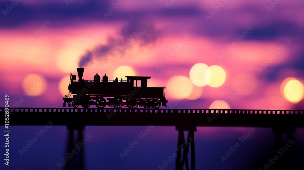 Poster silhouette of a train passing over an old bridge at dusk, close-up with intense bokeh background, re