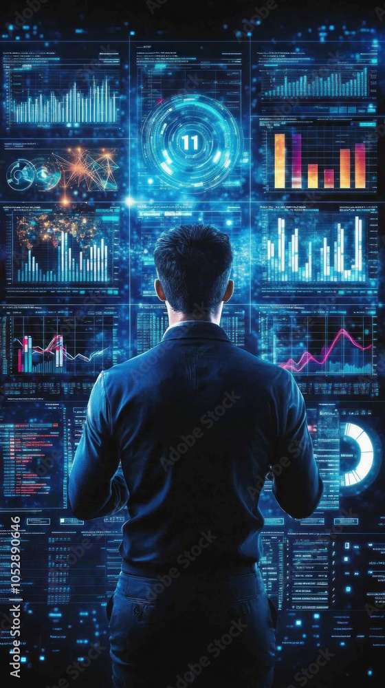 Poster a man is looking at a computer screen with many graphs and numbers. concept of focus and concentrati