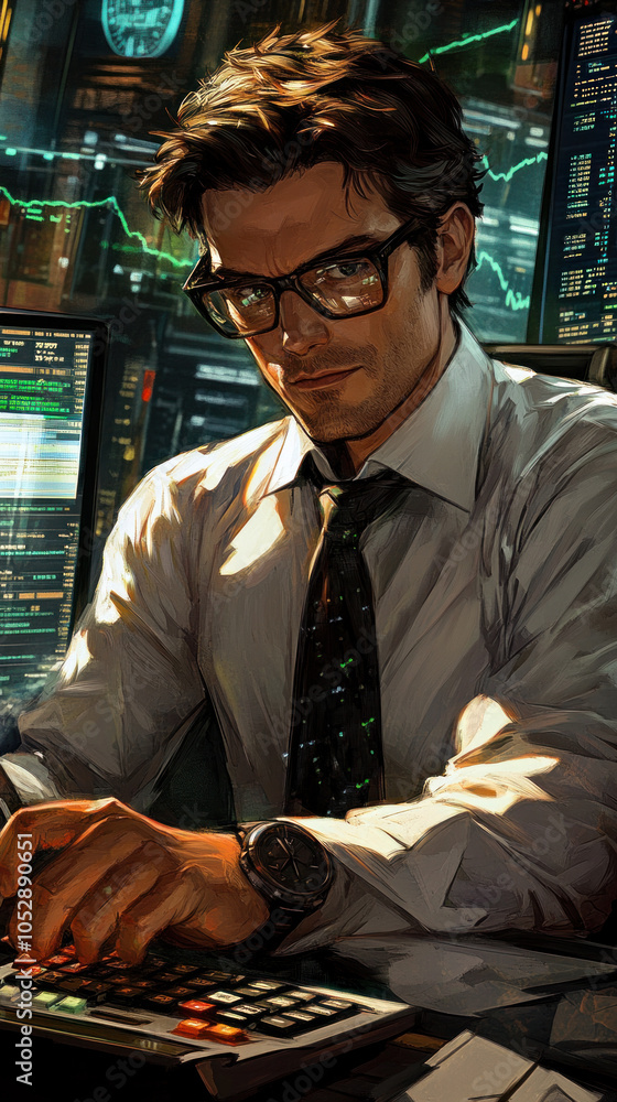 Poster a man in a suit is sitting at a computer with a calculator in front of him. he is wearing glasses an