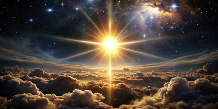 A celestial tapestry of stars, a radiant sun, and ethereal clouds, a breathtaking celestial scene where the night sky meets the dawn