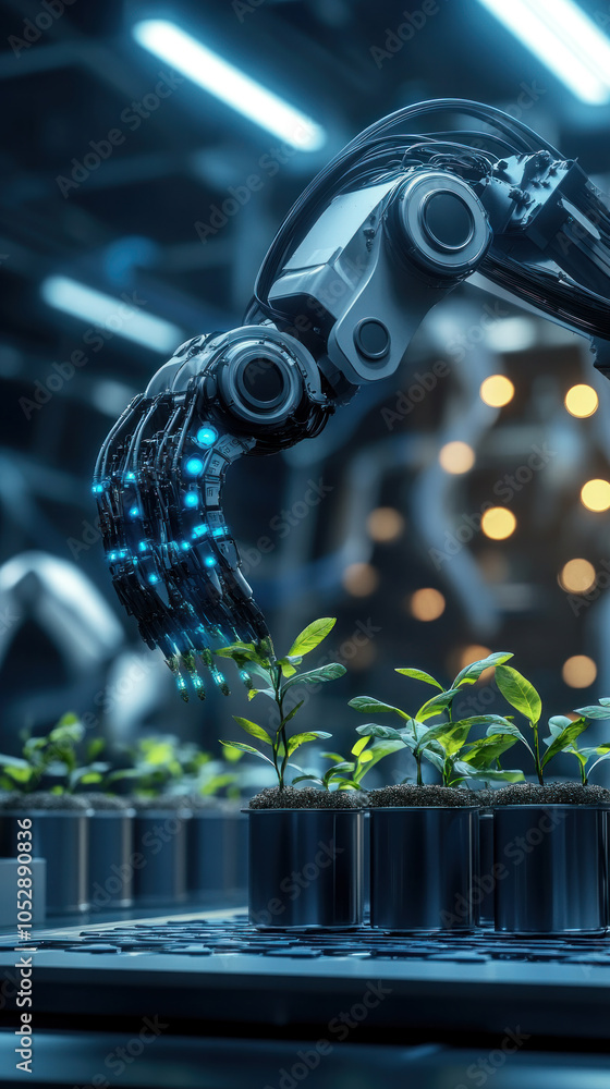 Poster a robot is planting a seedling in a pot. the robot is made of metal and has a blue and white color s