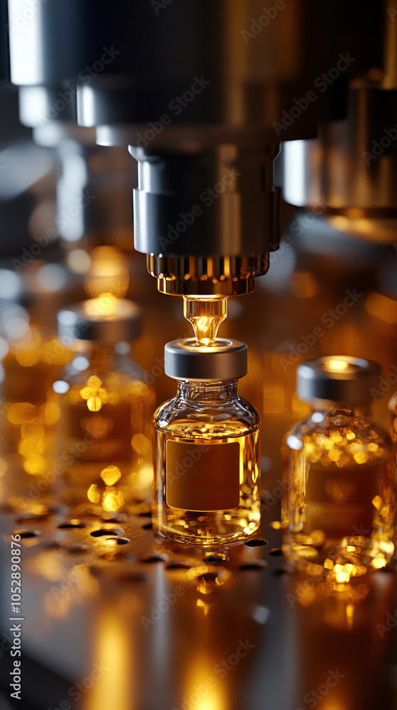 Poster a machine is filling bottles with a liquid. the bottles are yellow and the liquid is also yellow