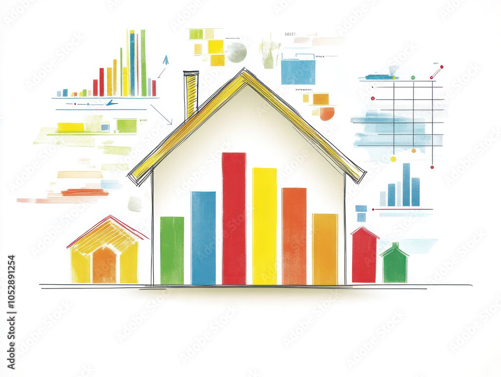 Poster a house with a roof and a bunch of numbers and graphs on it. the house is in the middle of the graph