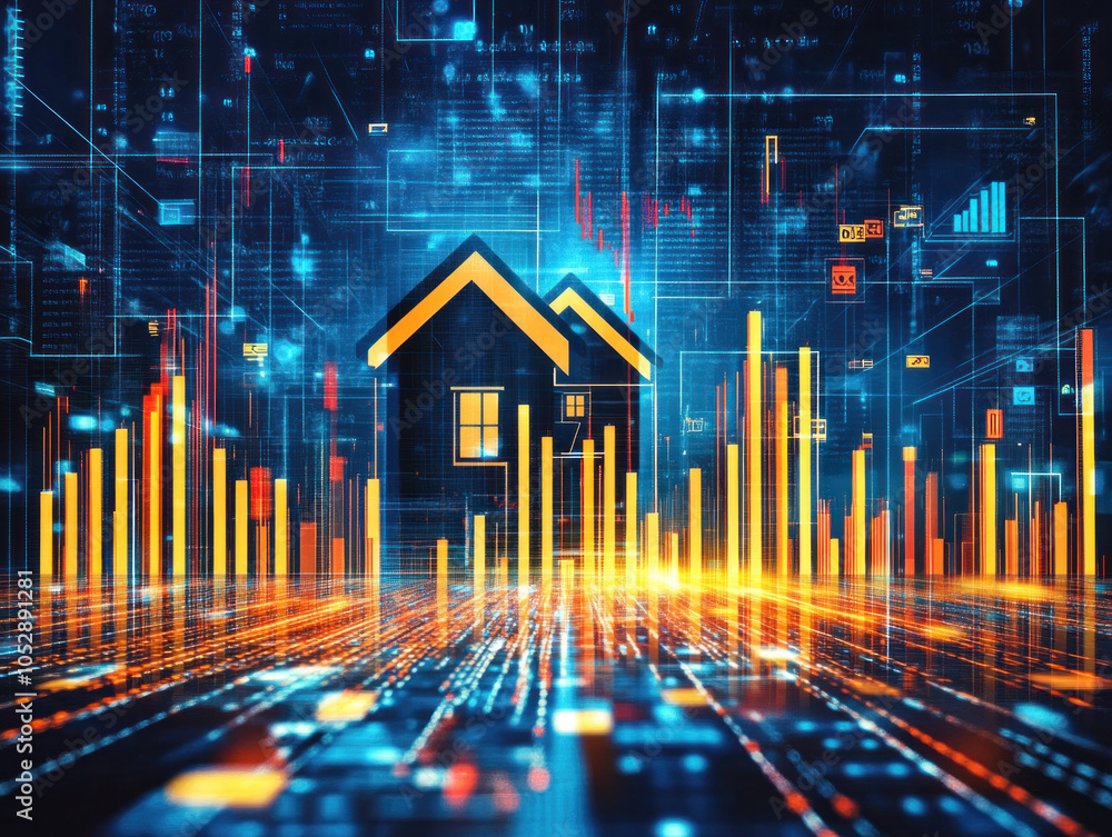 Poster a house is shown in a futuristic cityscape with a lot of lines and numbers. the house is surrounded 
