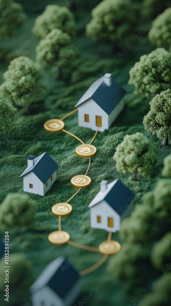 Poster a row of houses with a path between them. the path is lined with gold coins. the houses are small an