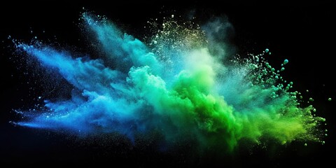Obraz premium Powder explosion photography with green and blue powder at a tilted angle