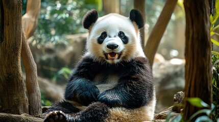 Obraz premium Cute Panda Sitting and Smiling, Radiating Joy and Playfulness in a Whimsical Setting, Perfect for Animal Lovers and Children's Illustrations