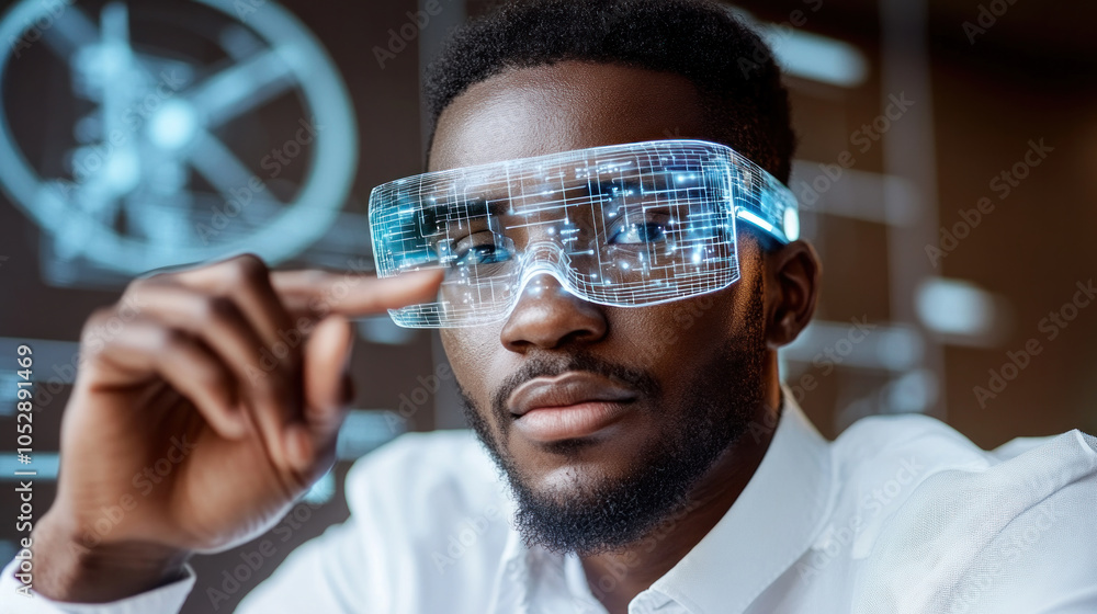 Poster a man wearing a pair of virtual reality goggles is pointing at something on a computer screen. conce