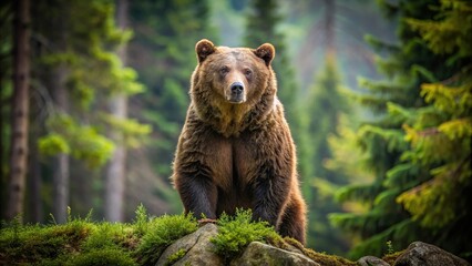 Fototapeta premium Powerful brown bear standing tall in forest