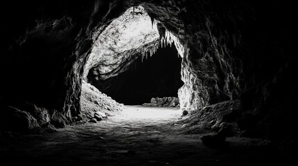 Dark, Large Cave in a Horror Style, Evoking a Sense of Fear and Mystery with Jagged Rock Formations, Shadows, and Eerie Atmosphere, Perfect for Horror-themed Art and Storytelling