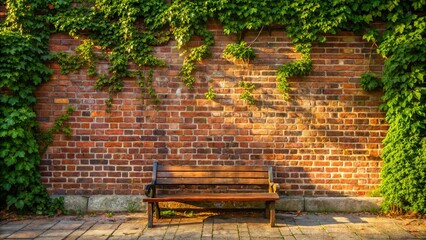 Obraz premium A solitary wooden bench sits before a red brick wall adorned with vibrant green vines, bathed in the warm glow of afternoon sunlight.