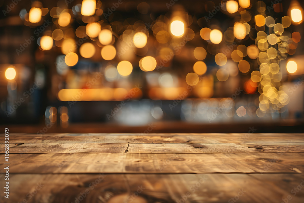 Poster blurred background of an empty table in front of the bar counter with bokeh lights.