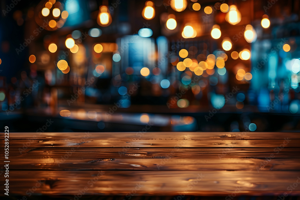 Poster blurred background of an empty table in front of the bar counter with bokeh lights.