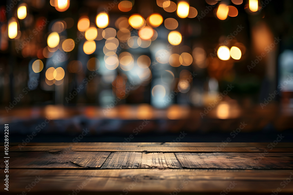 Poster blurred background of an empty table in front of the bar counter with bokeh lights.