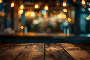 Blurred background of an empty table in front of the bar counter with bokeh lights.