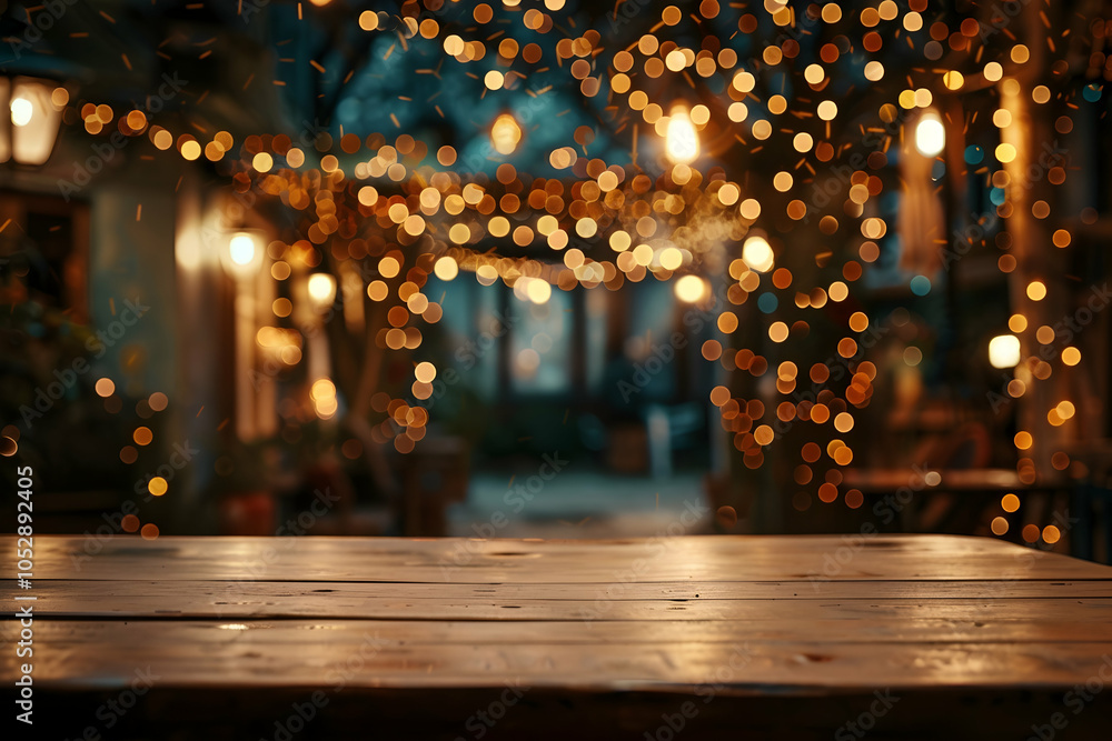Leinwandbilder blurred background of an empty table in front of the bar counter with bokeh lights.