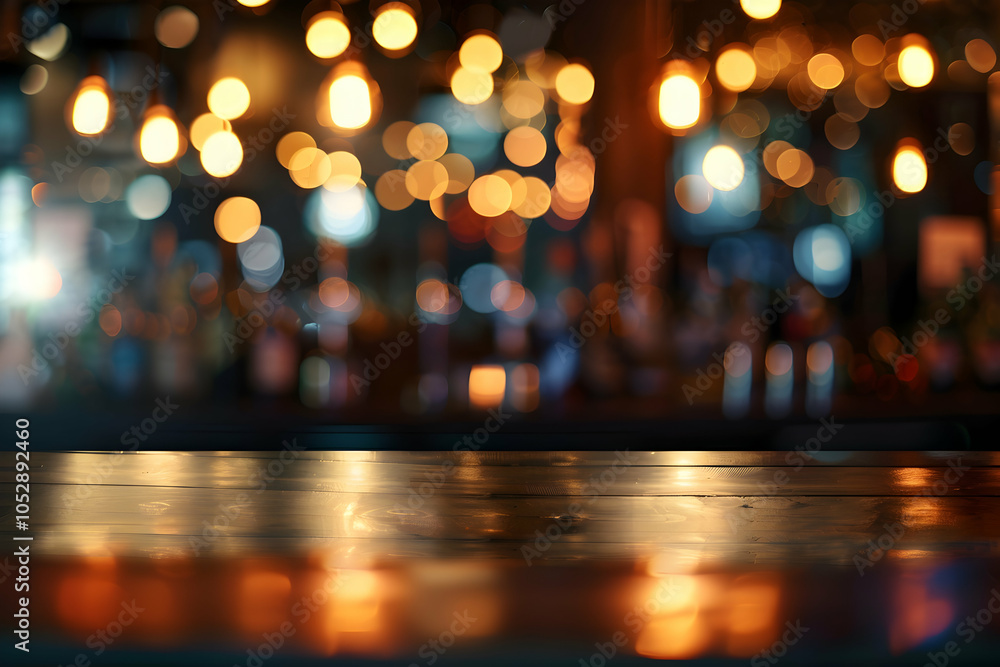 Poster blurred background of an empty table in front of the bar counter with bokeh lights.