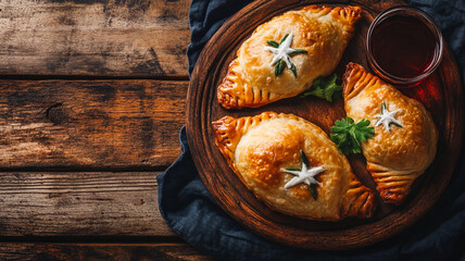 Savory pastries served on a wooden platter with greenery and a drink on a rustic table