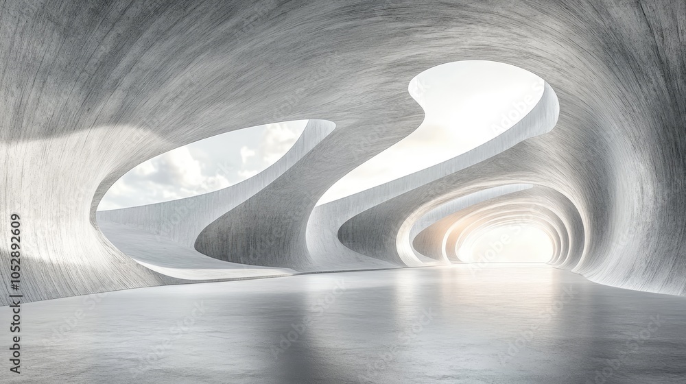 Poster abstract concrete tunnel with large openings to the sky.
