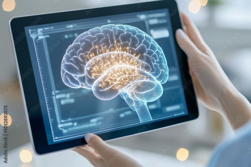 Poster a tablet is being held up to a screen displaying a brain