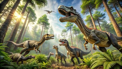 Prehistoric forest with dinosaurs seen from low angle