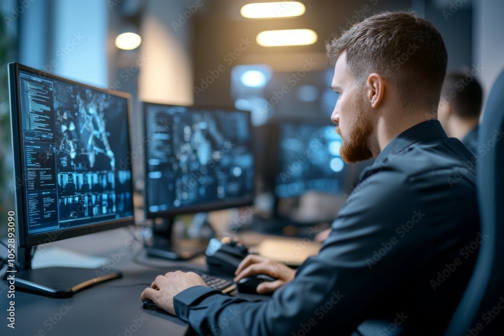 Poster a man is sitting at a desk with two computer monitors in front of him