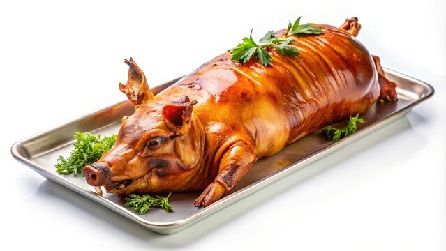 Presentation of a suckling pig carcass on a white background isolate festive piggy dishes the piglet will be baked in the oven or on a spit Forced Perspective