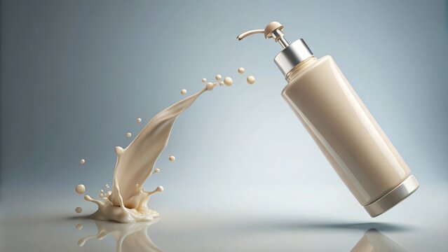 Dripping lotion or cream flowing from bottle in render, skincare, beauty, cosmetic, moisturizer, white background, liquid