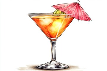 Watercolor Cocktail with Lime and Umbrella