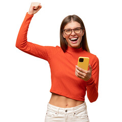 Lucky excited woman holding smartphone making winner gesture shouting yes
