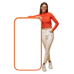Happy young woman standing and showing blank screen of huge phone, mockup for your app