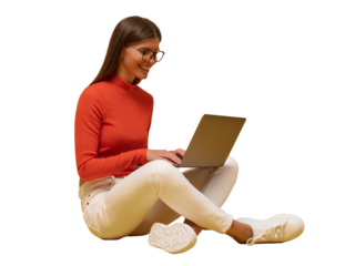 Side view portrait of woman browsing social media on laptop sitting on floor