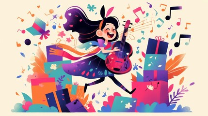 Joyful Girl with Guitar in Whimsical Scene
