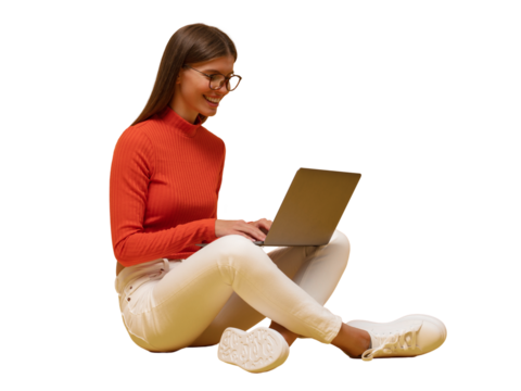 Side view portrait of woman browsing social media on laptop sitting on floor - Powered by Adobe